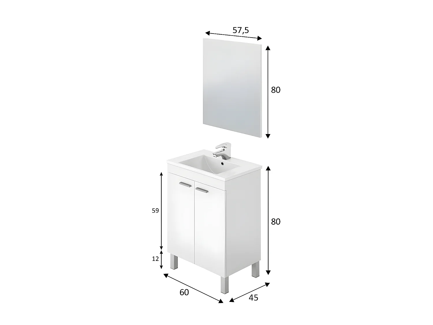 Meuble salle de bain Sous-vasque 60 cm avec 2 portes + Miroir coloris blanc brillant - H80 x Longueur 60 x Profondeur 45 cm