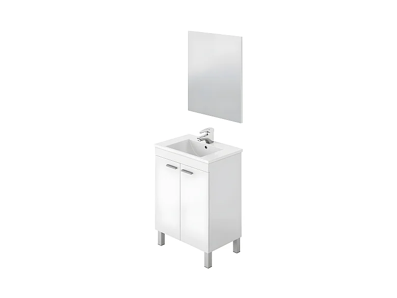 Meuble salle de bain Sous-vasque 60 cm avec 2 portes + Miroir coloris blanc brillant - H80 x Longueur 60 x Profondeur 45 cm