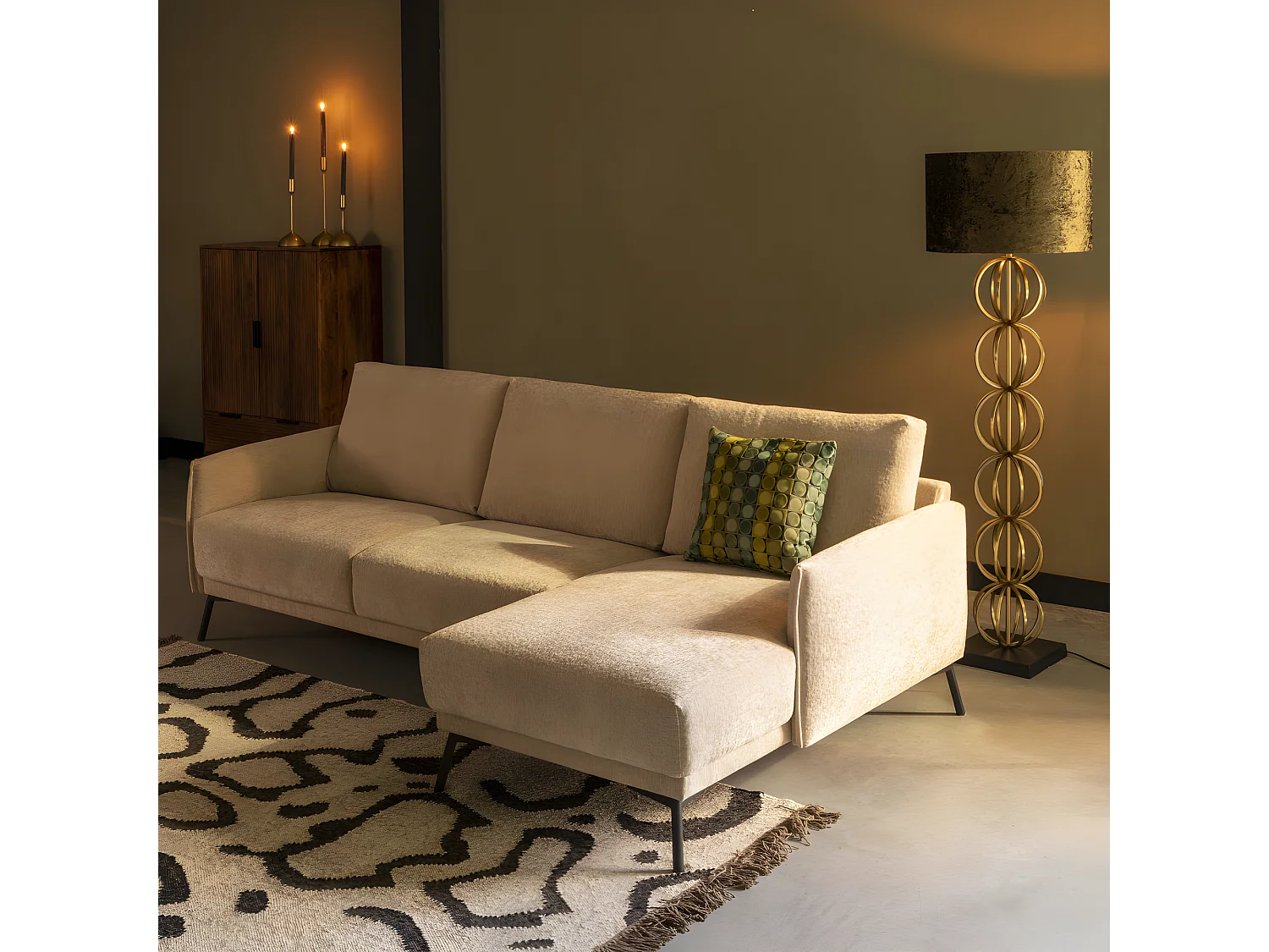 HARPER - Canapé d'angle gauche 3 places en tissu doux beige