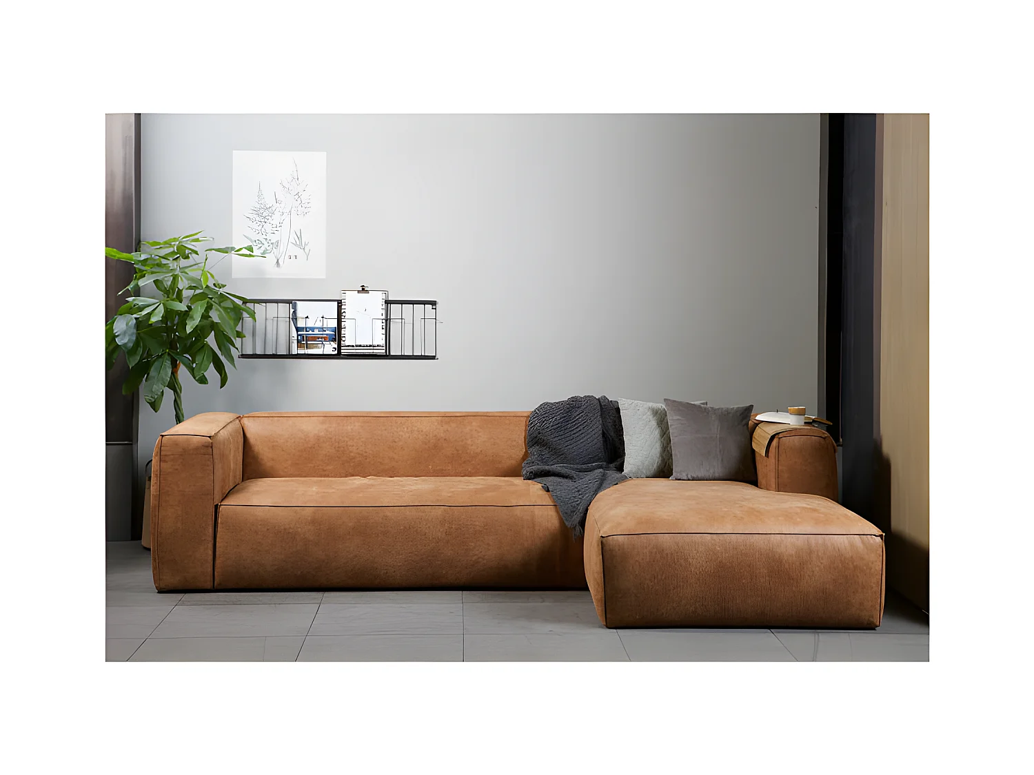 BEAN - Canapé d'angle droit 5 places en cuir recyclé marron cognac
