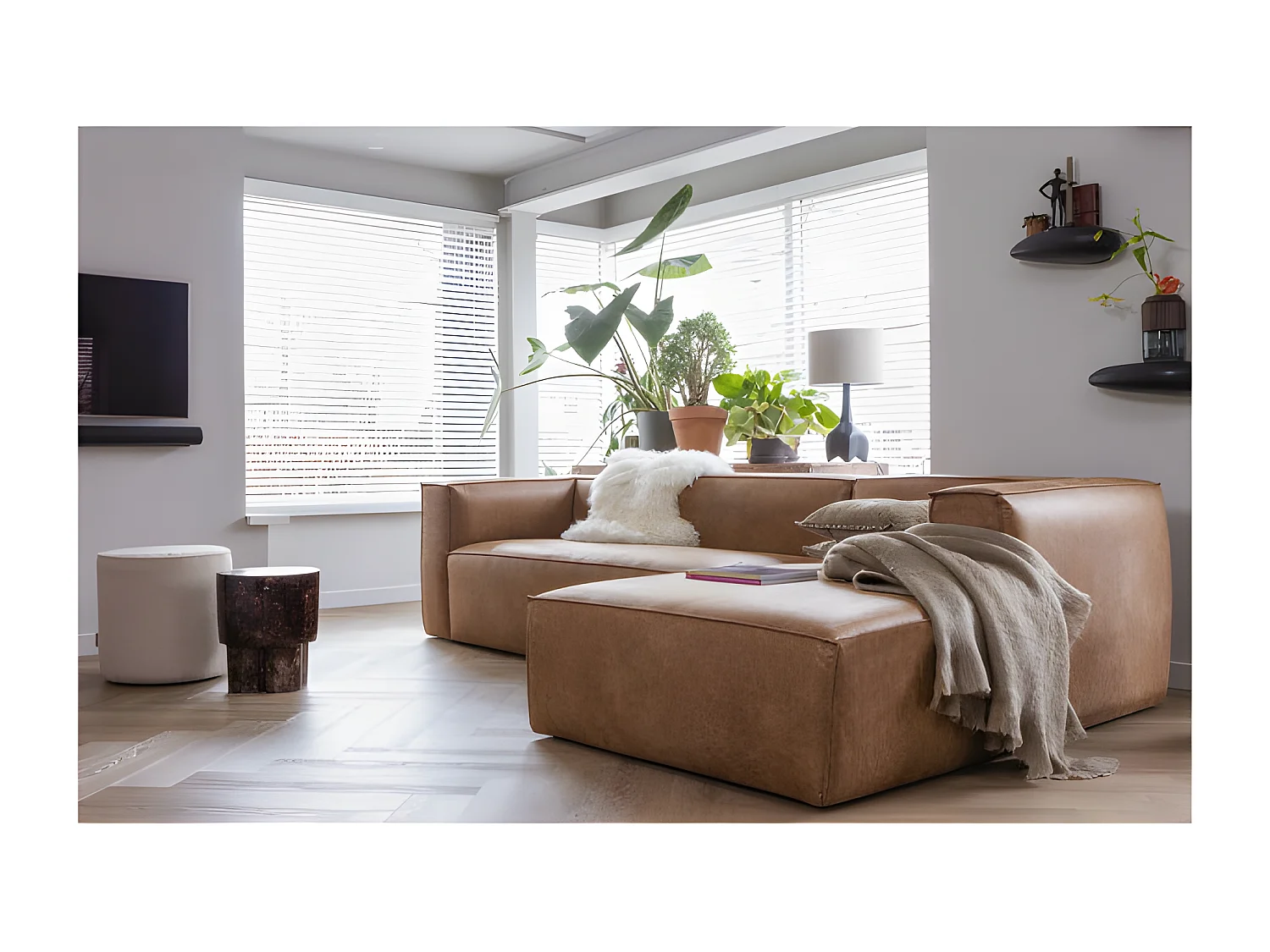 BEAN - Canapé d'angle droit 5 places en cuir recyclé marron cognac