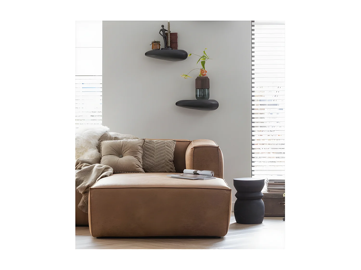 BEAN - Canapé d'angle droit 5 places en cuir recyclé marron cognac