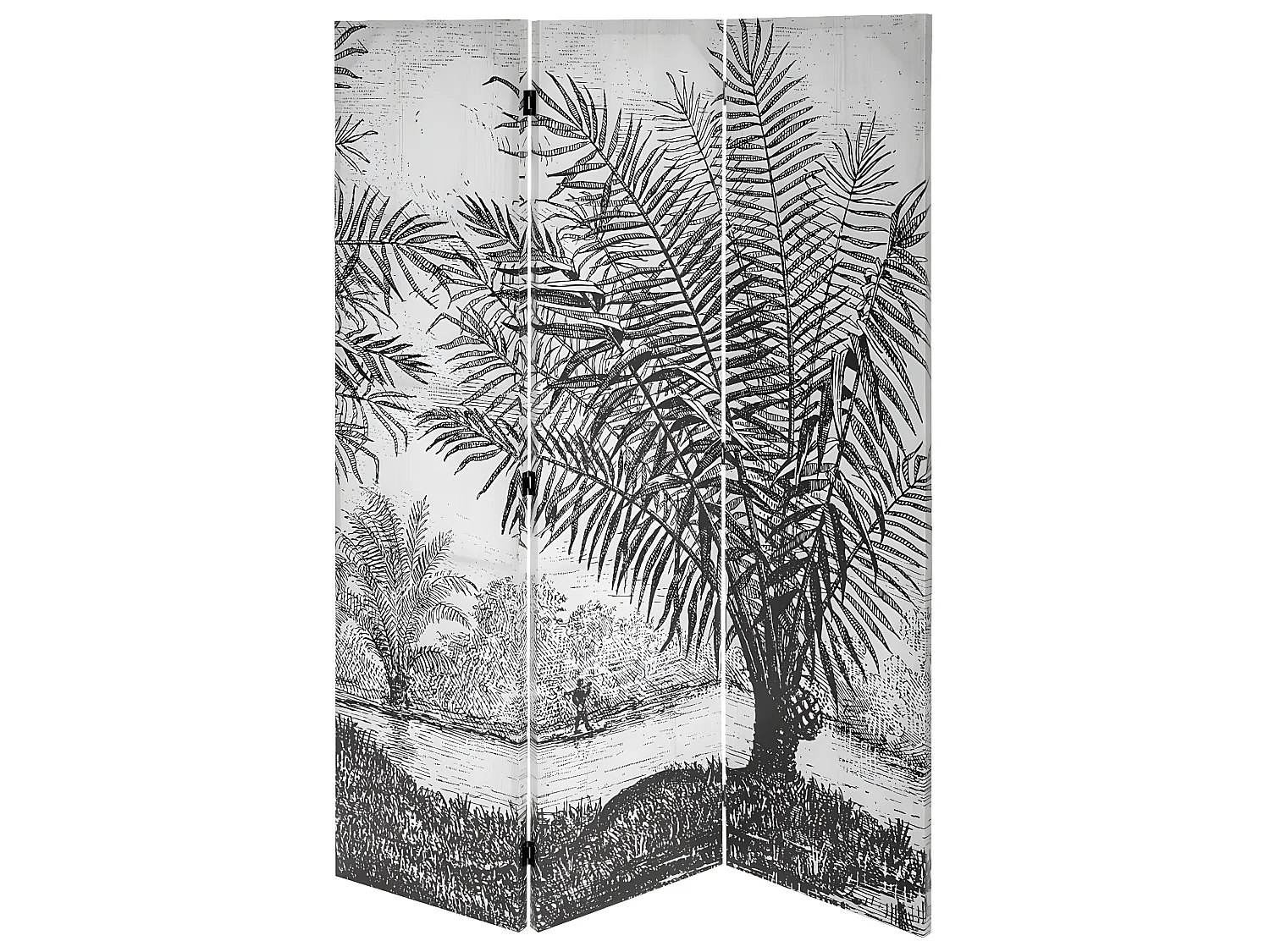 Paravent 3 pans en tissu imprimé blanc/noir - Longueur 121 x Profondeur 2,5 x Hauteur 170 cm