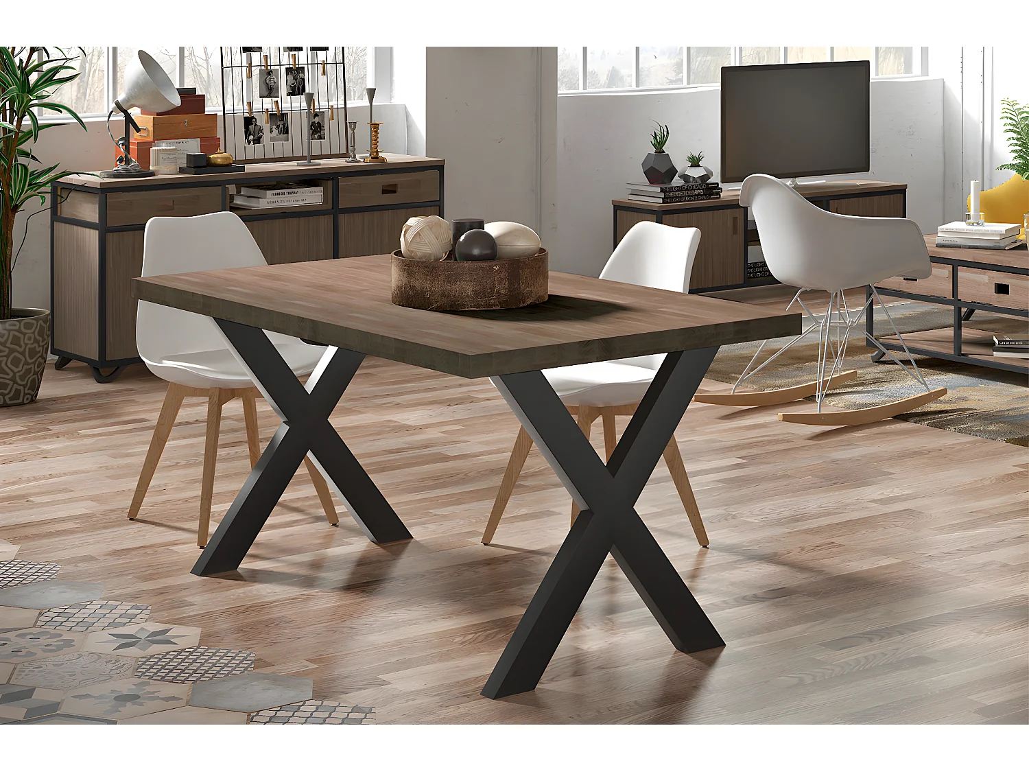Table à manger en bois coloris chêne américain / pieds noir - Longueur 140 x profondeur 80 x hauteur 76 cm