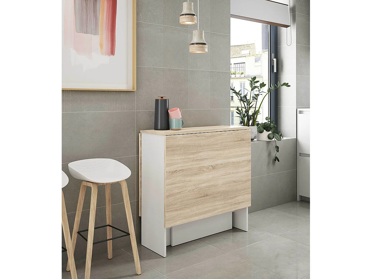 Table de cuisine pliante coloris chêne canadien / blanc artic -  Hauteur 78 x Profondeur 31 x Longueur 77 cm