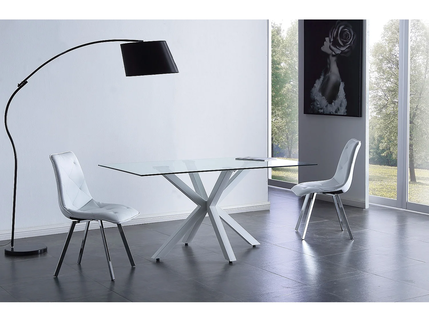 Table à manger en verre avec pieds coloris blanc - Longueur 160 x Hauteur 90 x largeur 75 cm