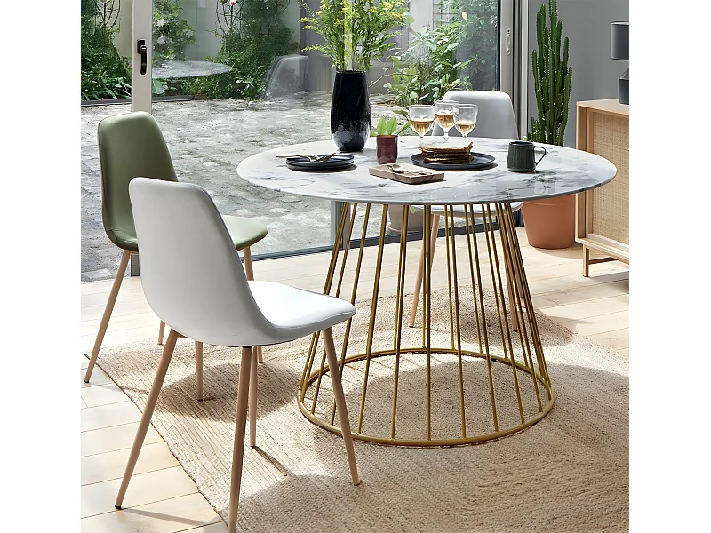 Table à manger avec plateau verre trempé effet marbre/blanc - Diamètre 120 x Hauteur 75 cm