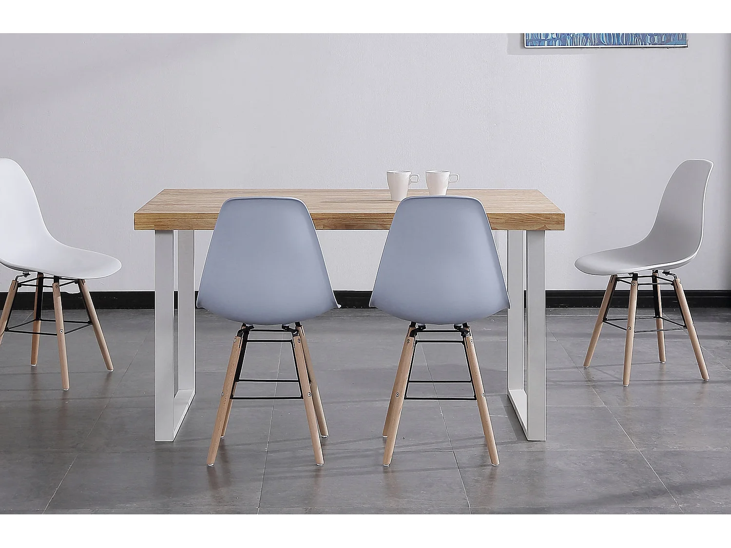 Table à manger coloris chêne nordique / pieds blanc, Longueur 140 x x largeur 80 cm x Hauteur 76,50 cm