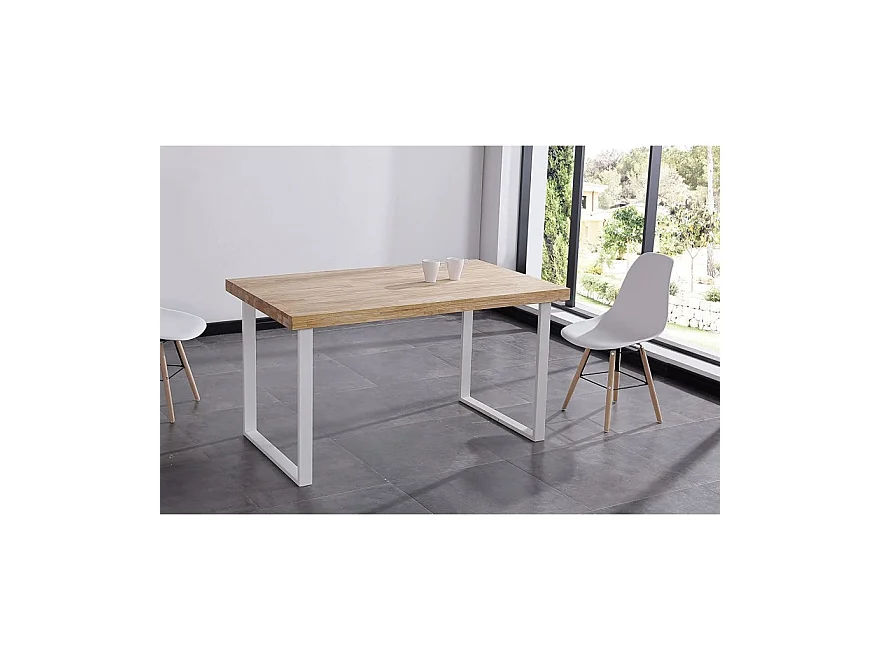 Table à manger coloris chêne nordique / pieds blanc, Longueur 140 x x largeur 80 cm x Hauteur 76,50 cm