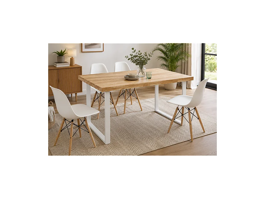 Table à manger coloris chêne nordique / pieds blanc, Longueur 140 x x largeur 80 cm x Hauteur 76,50 cm