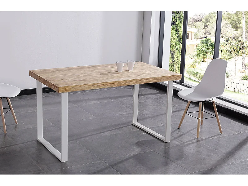 Table à manger coloris chêne nordique / pieds blanc, Longueur 140 x x largeur 80 cm x Hauteur 76,50 cm