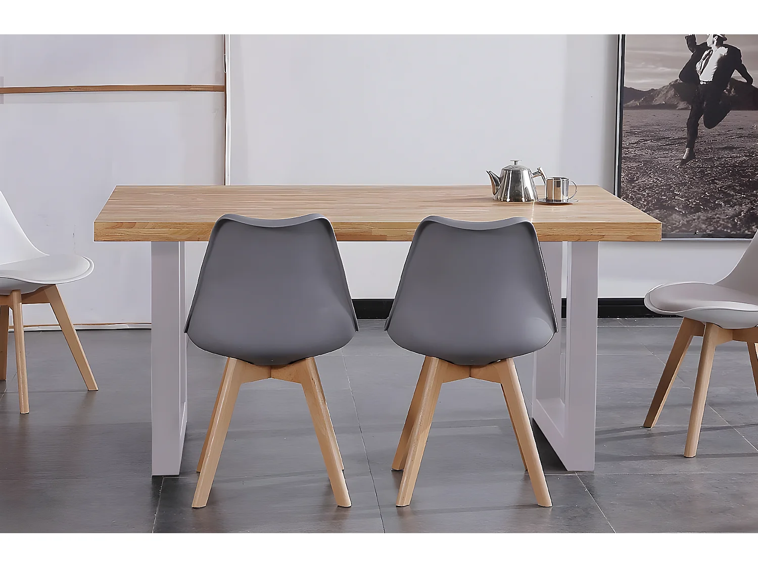 Table à manger en bois coloris chêne nordique / pieds blanc - Longueur 160 x profondeur 100 x hauteur 75 cm