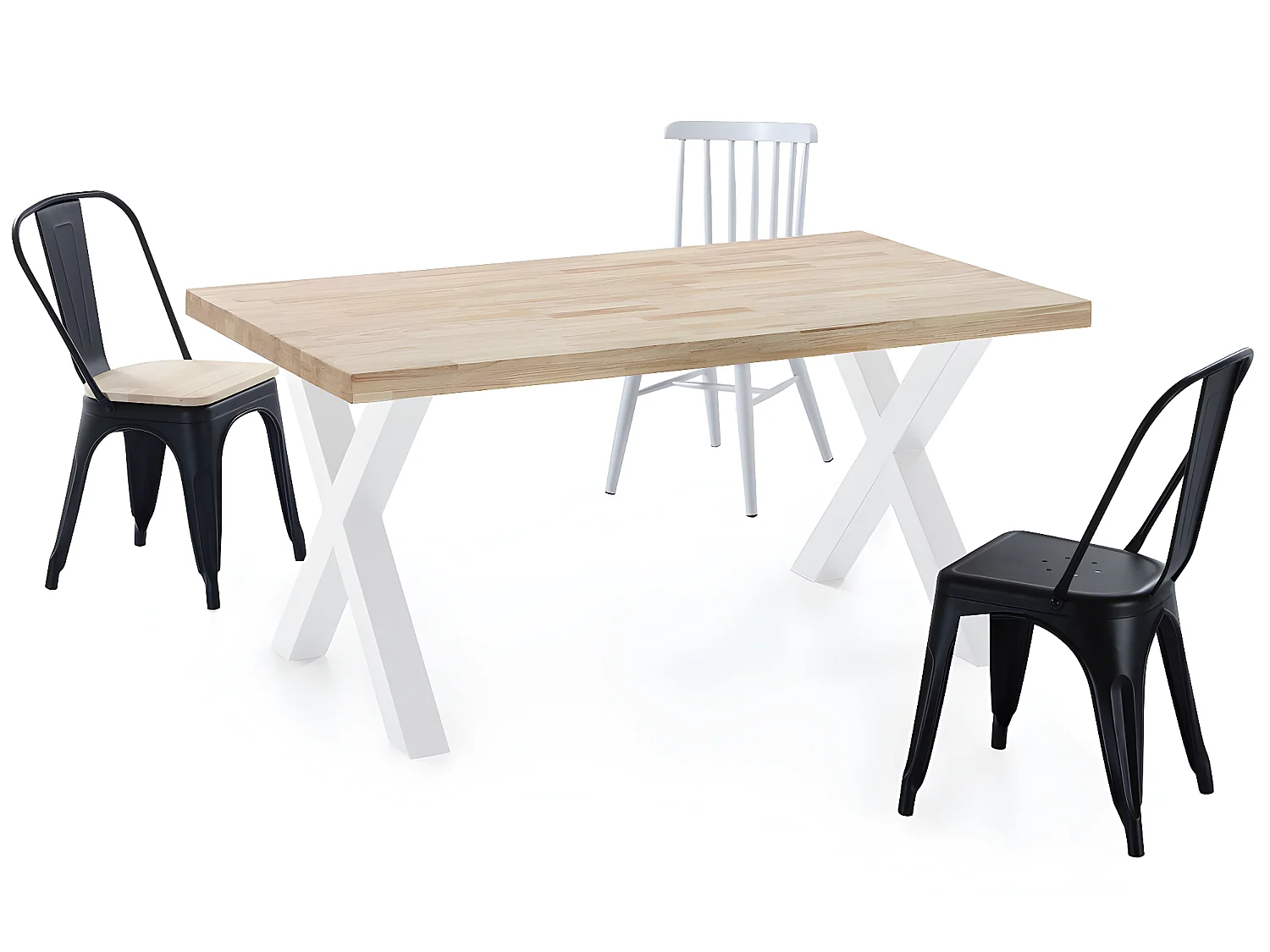 Table à manger en bois coloris chêne nordique / pieds blanc - Longueur 160 x profondeur 90 x hauteur 76 cm