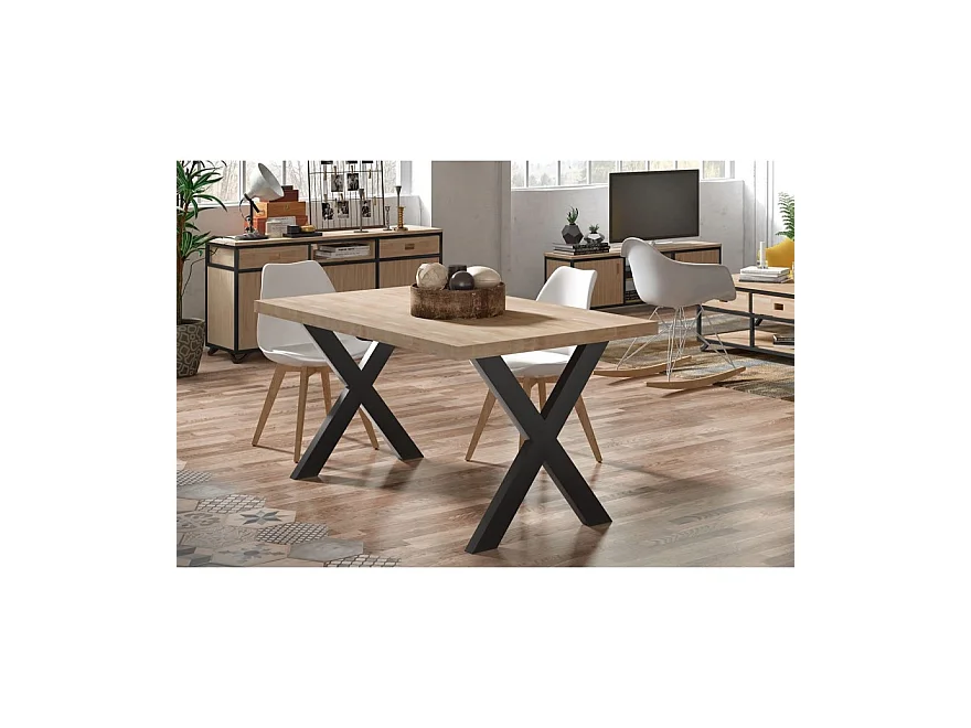 Table à manger en bois coloris chêne / pieds noir - Longueur 140 x profondeur 80 x hauteur 76 cm
