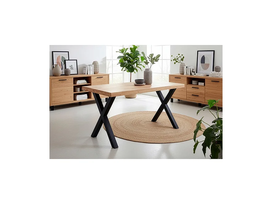 Table à manger en bois coloris chêne / pieds noir - Longueur 140 x profondeur 80 x hauteur 76 cm