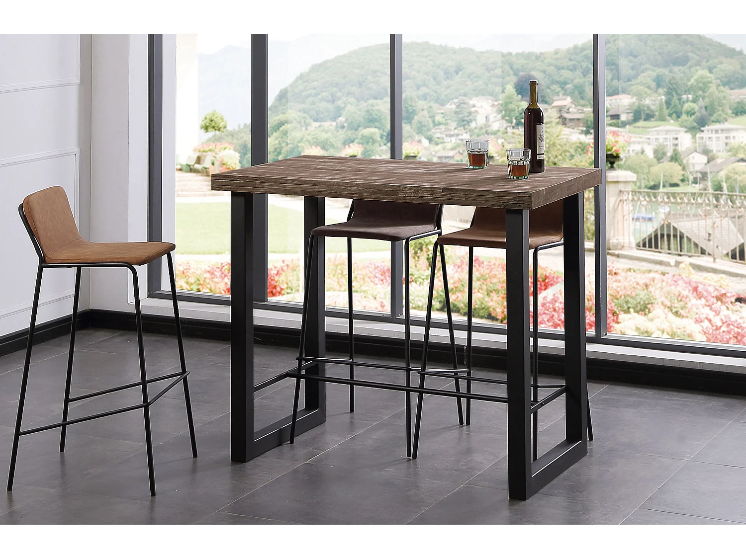 Table haute en bois coloris chêne américain / pieds noir - Longueur 120 x profondeur 70 x Hauteur 100 cm