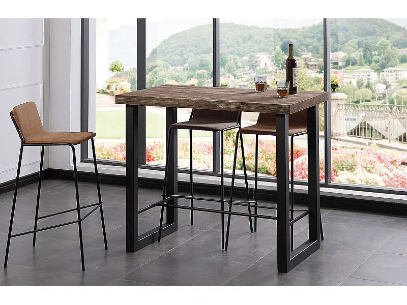 Table haute en bois coloris chêne américain / pieds noir - Longueur 120 x profondeur 70 x Hauteur 100 cm