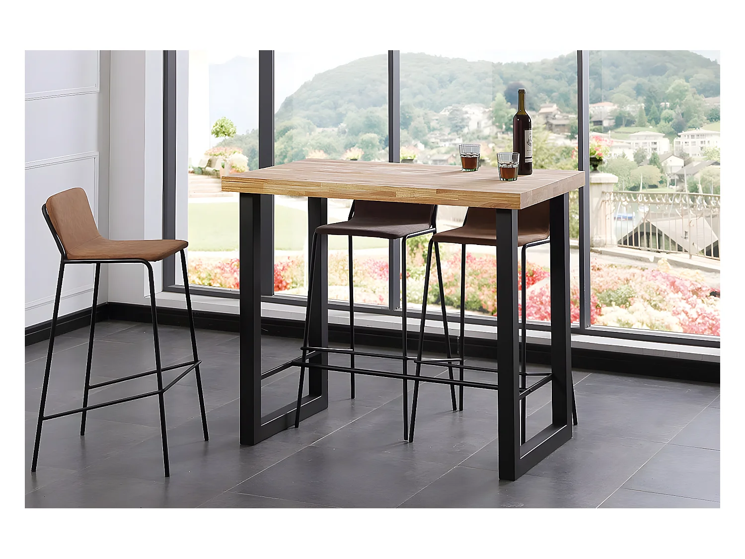 Table haute en bois coloris chêne nordique / pieds noir - Longueur 120 x profondeur 70 x Hauteur 100 cm