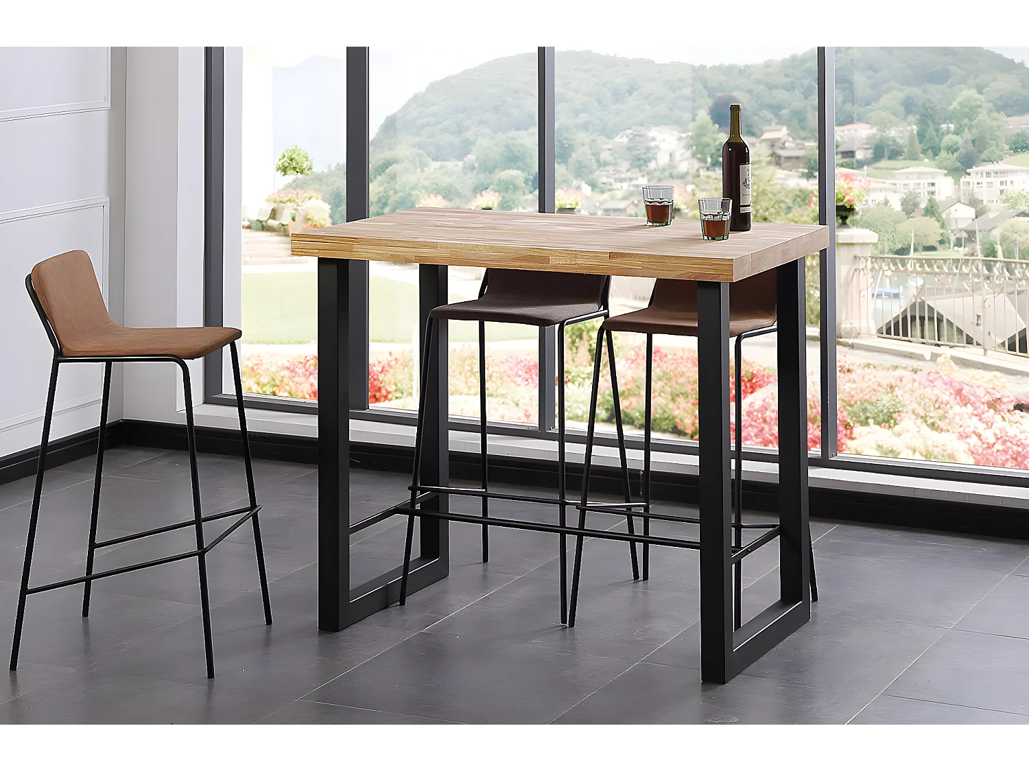 Table haute en bois coloris chêne nordique / pieds noir - Longueur 120 x profondeur 70 x Hauteur 100 cm