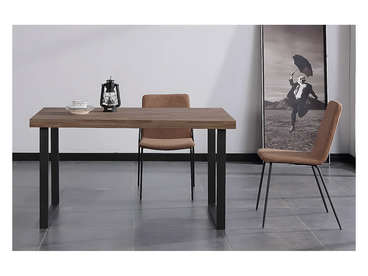 Table à manger rectangulaire en bois coloris chêne américain / pieds noir - Longueur 140 x profondeur 80 x hauteur 76 cm