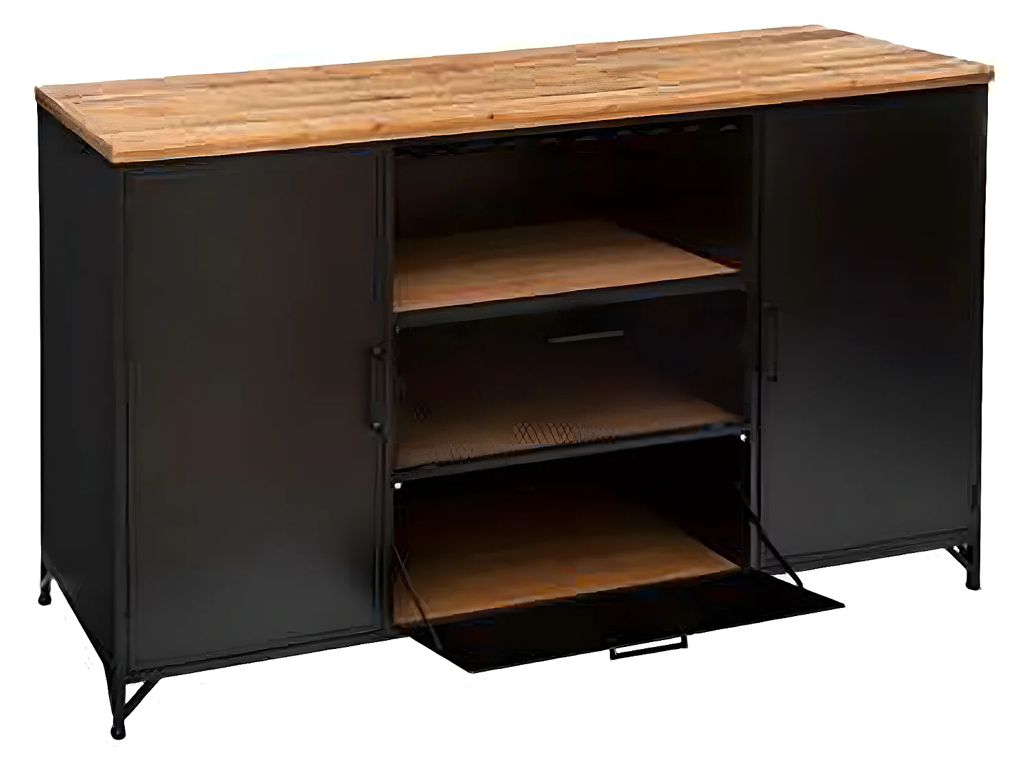 Buffet 2 portes en fer et bois coloris noir - Longueur 140 x P. 42,5 x Hauteur 85 cm