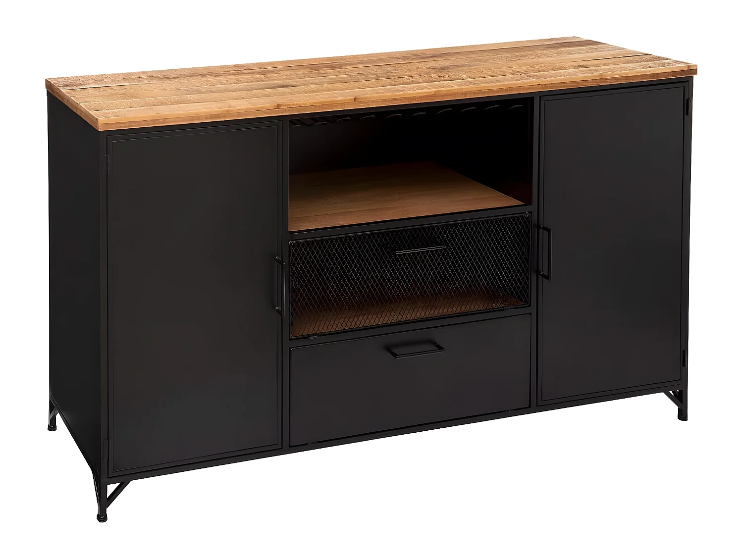 Buffet 2 portes en fer et bois coloris noir - Longueur 140 x P. 42,5 x Hauteur 85 cm