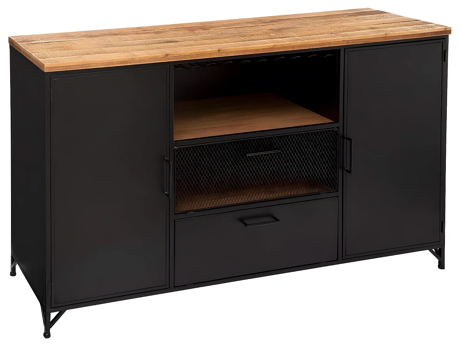 Buffet 2 portes en fer et bois coloris noir - Longueur 140 x P. 42,5 x Hauteur 85 cm