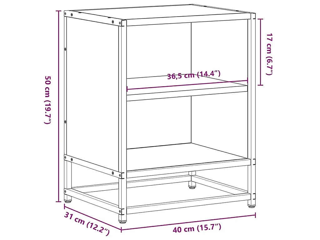 Mesa de cabeceira em carvalho fumado 40x31x50cm madeira e metal
