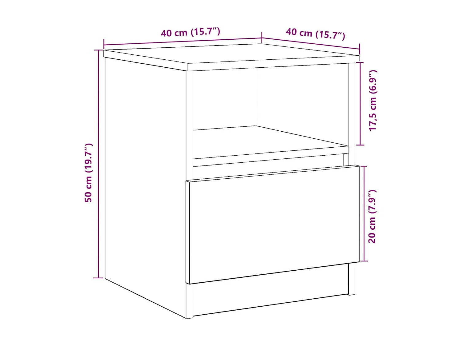Table de chevet chêne artisanal 40x40x50 cm bois d’ingénierie