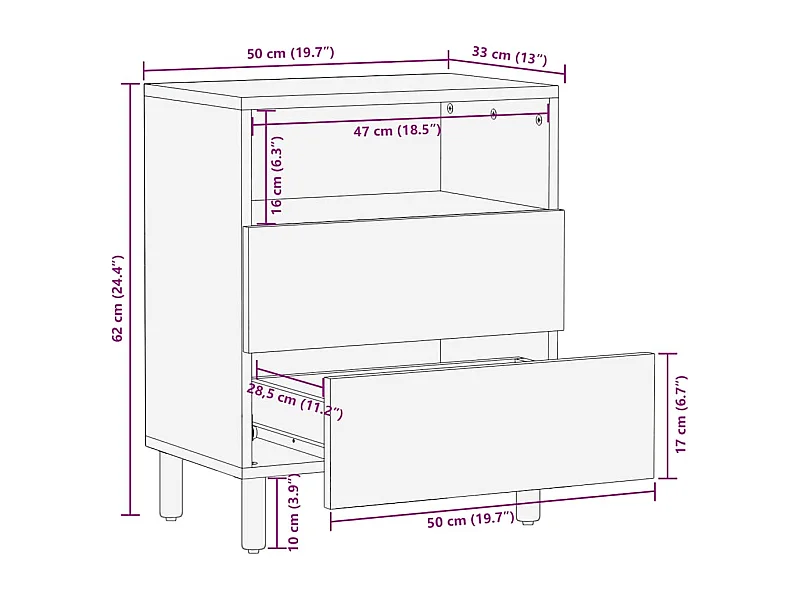 Table de chevet marron 50x33x60 cm bois de manguier massif