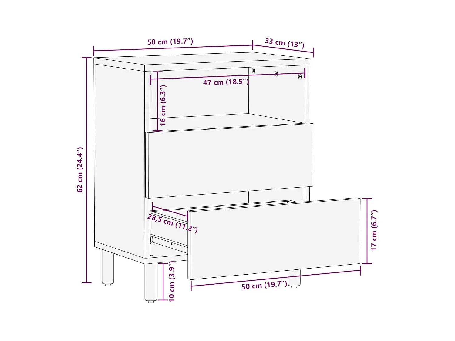 Table de chevet marron 50x33x60 cm bois de manguier massif