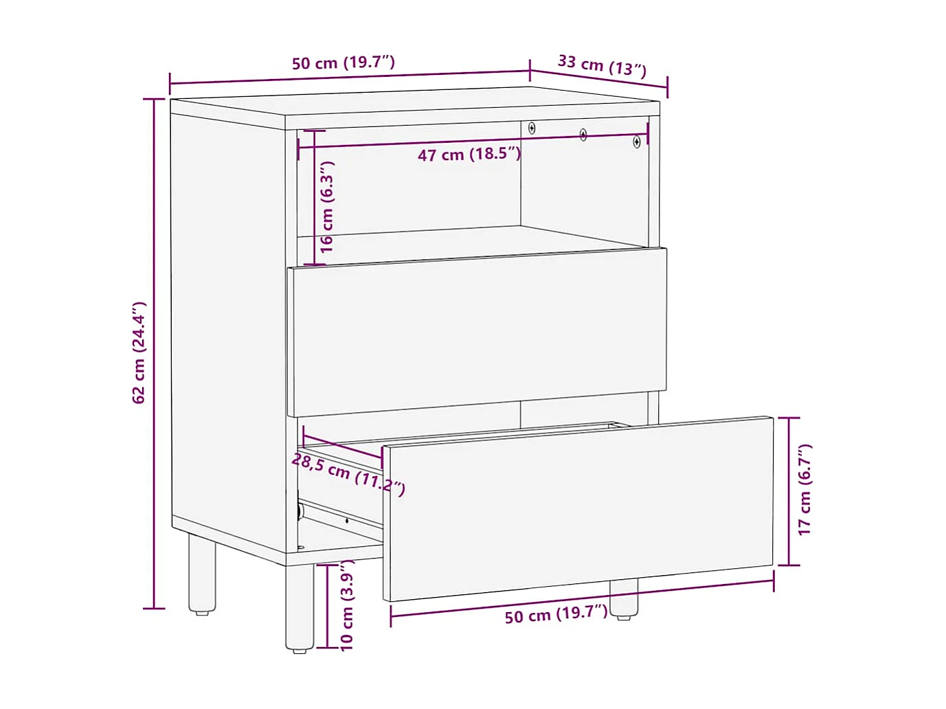 Table de chevet marron 50x33x60 cm bois de manguier massif