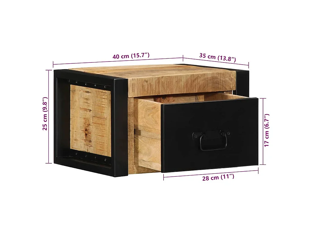 Table de chevet 40x35x25 cm bois massif de manguier brut