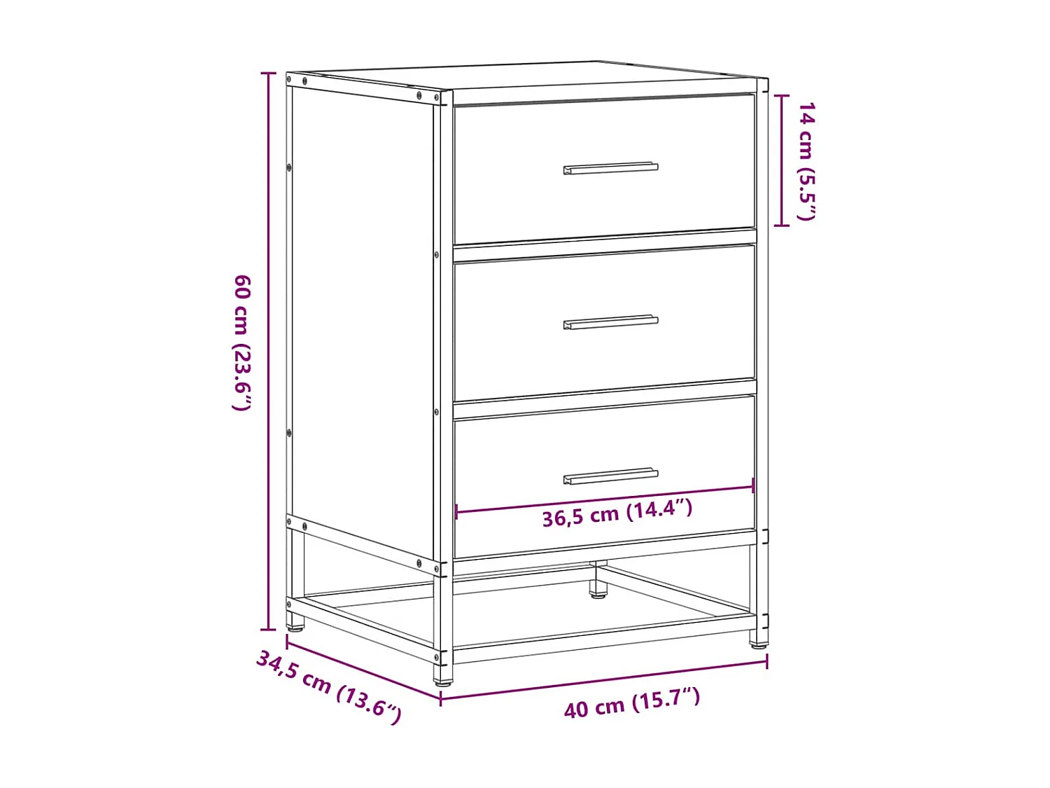 Table de chevet chêne fumé 40x34,5x60cm bois d'ingénierie métal