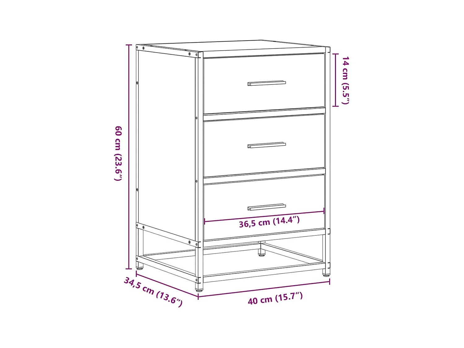 Table de chevet chêne fumé 40x34,5x60cm bois d'ingénierie métal