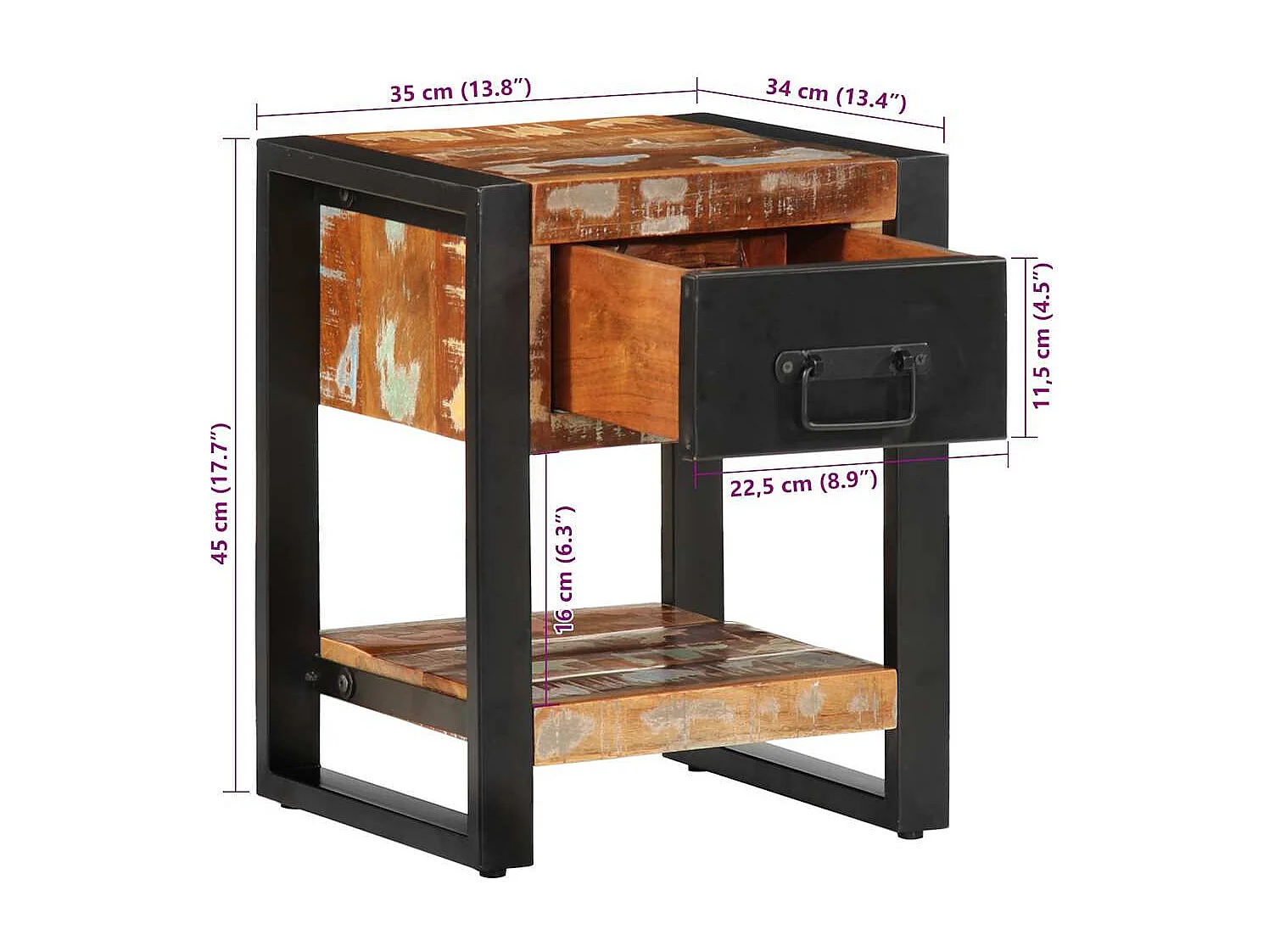 Nachttisch Mehrfarbig 35x34x45 cm Altholz Massiv