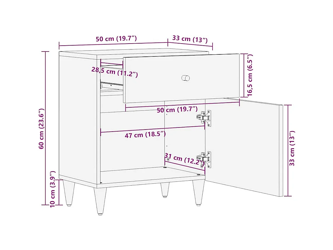 Table de chevet gris clair 50x33x60 cm bois de manguier massif