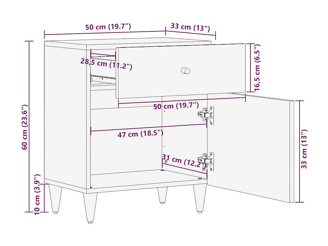 Nachtkastje 50x33x60 cm massief mangohout lichtgrijs
