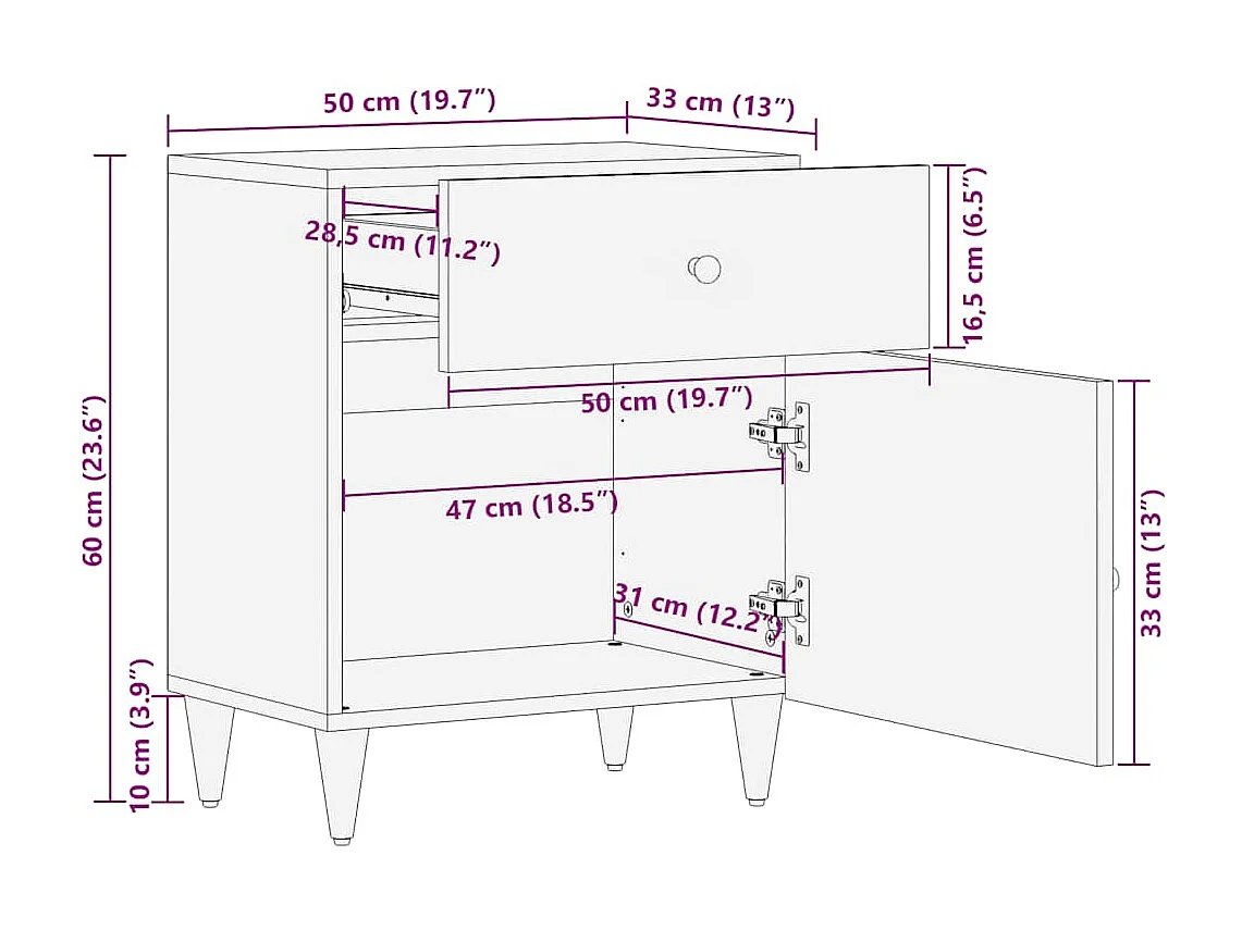 Comodino Grigio Chiaro 50x33x60 cm in Legno Massello di Mango