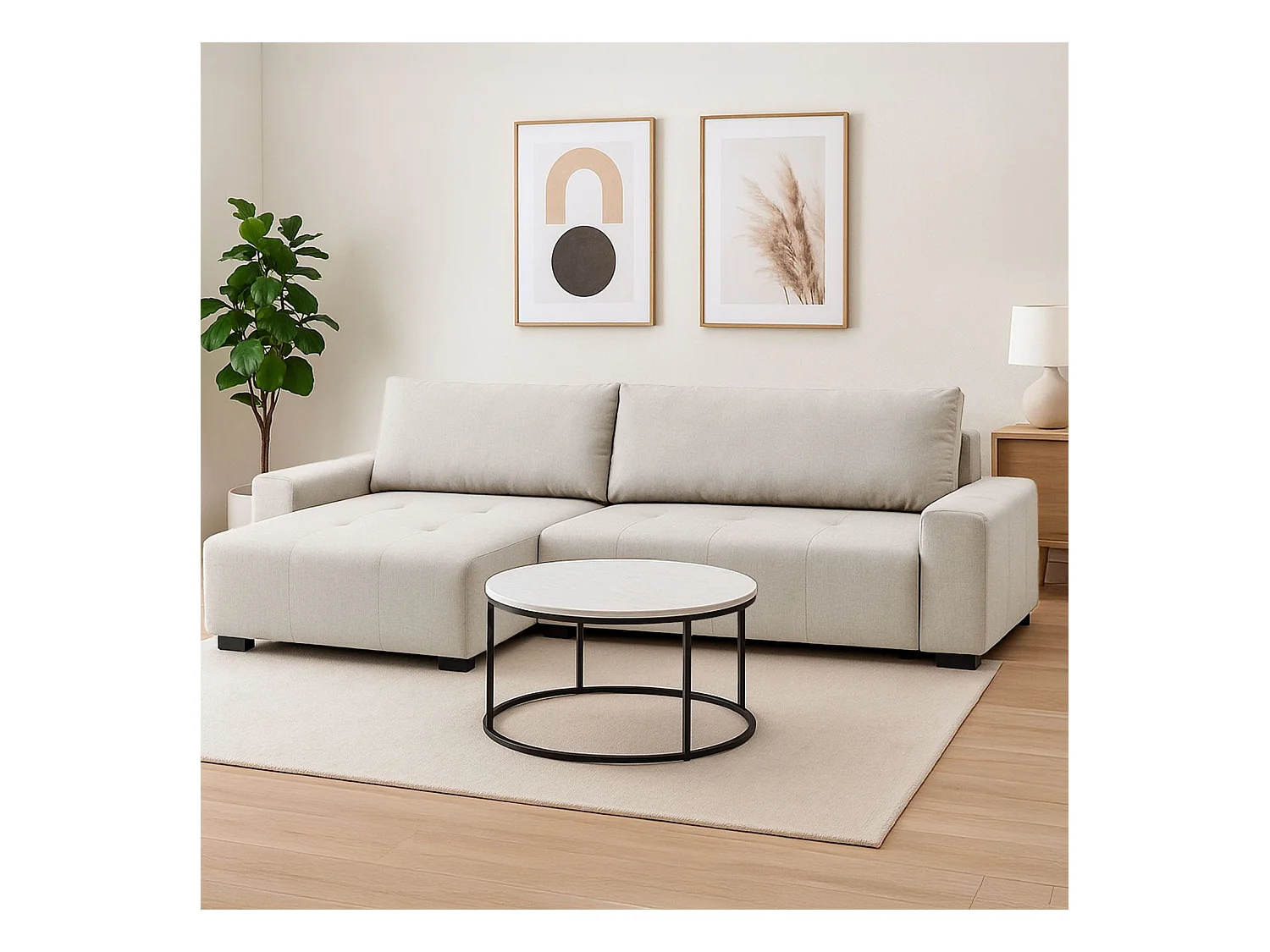 Canapé d'angle convertible élégant Malone Tissu Beige