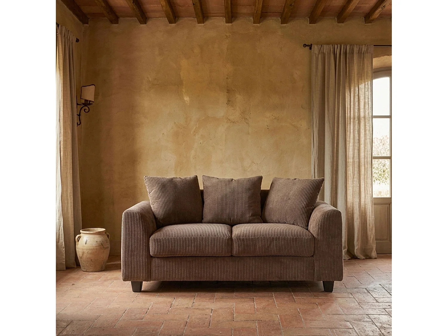 Zeitgenössisches 2-Sitzer-Sofa Mozart Cord Velours Braun Eleganz und Komfort