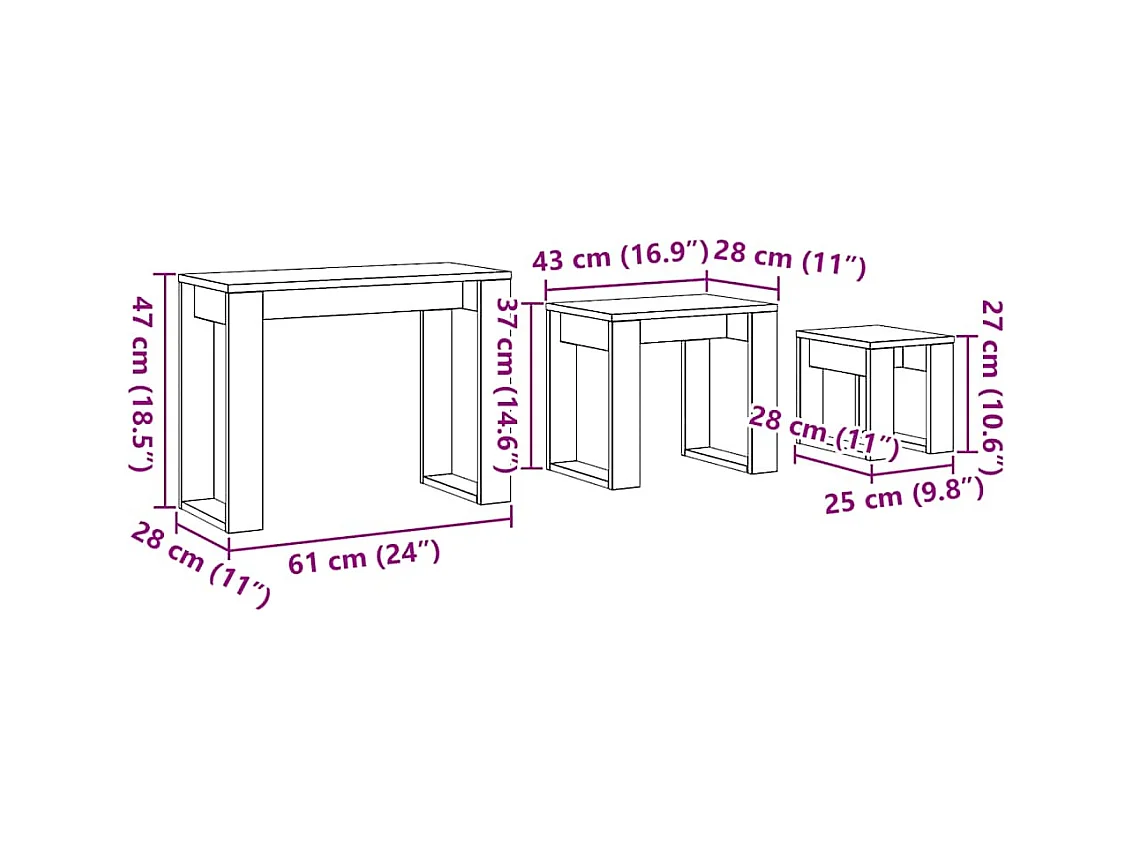Tables gigognes 3 pcs chêne artisanal bois d'ingénierie