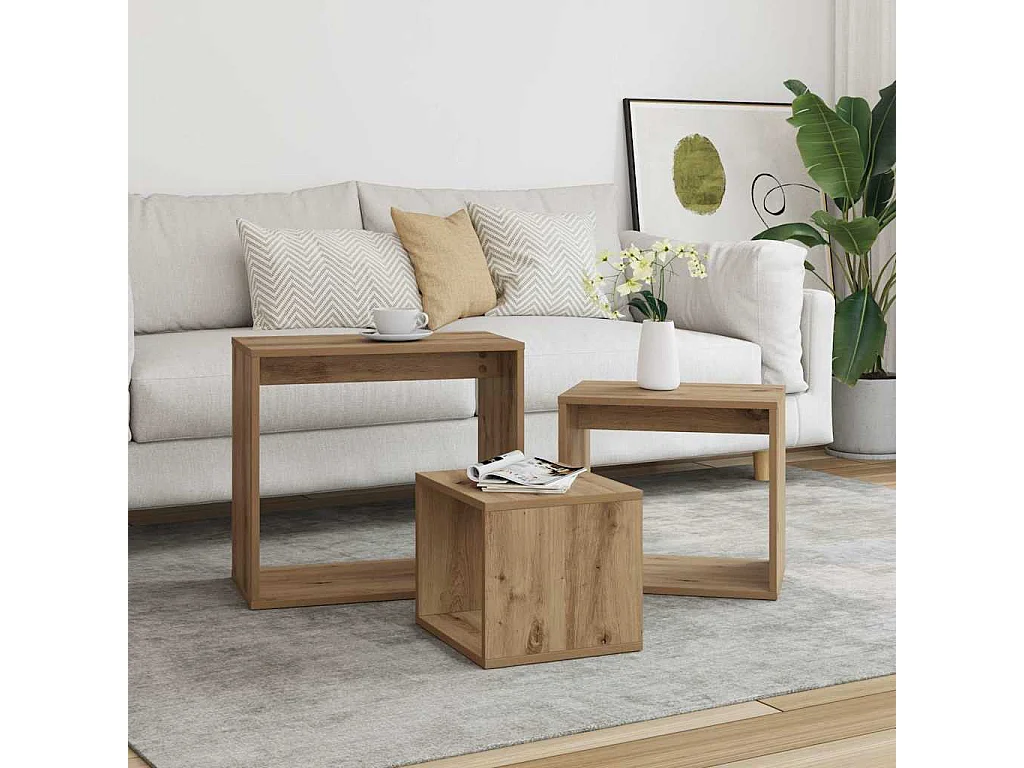 Tavolini Impilabili 3 pz Rovere Artigianale Legno Multistrato