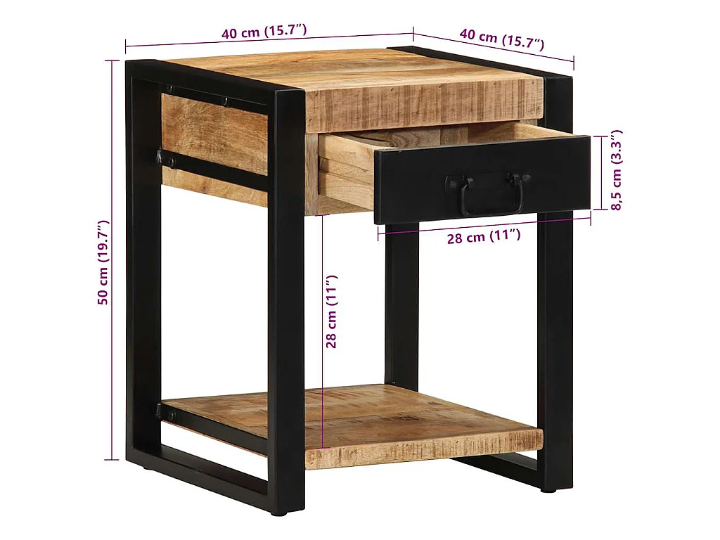 Tavolino 40x40x50 cm in Legno Grezzo Massello di Mango