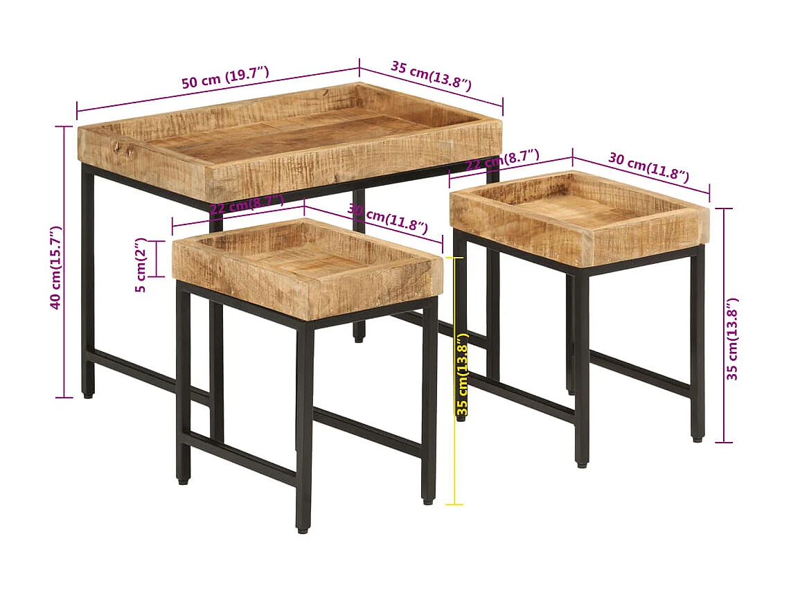 Tables basses gigognes 3pcs bois de manguier massif brut et fer