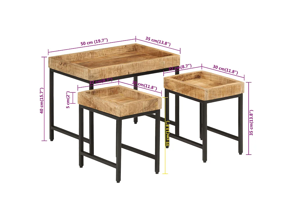 Mesas de centro de encastrar 3pcs mangueira maciça áspera/ferro