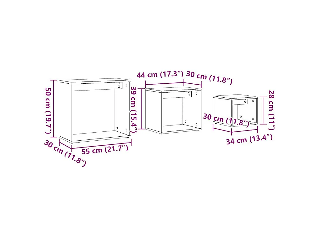 3-delige Tafeltjesset bewerkt hout oud houtkleurig