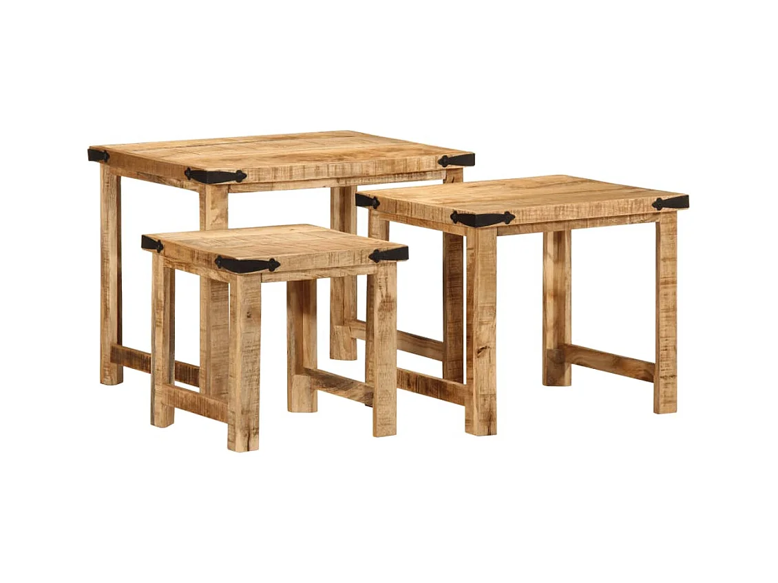 Tavolini a Incastro 3 pz in Legno Massello Grezzo di Mango