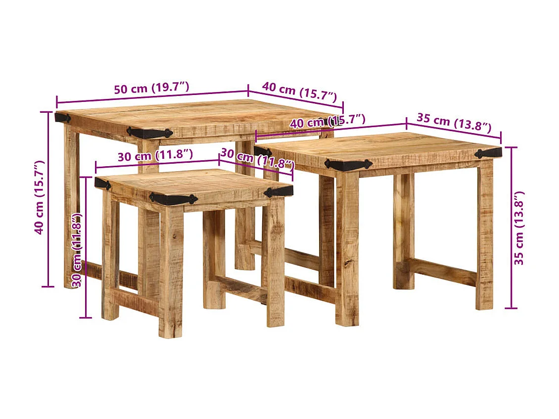 Mesas de apoio encastrar 3 pcs madeira mangueira áspera maciça