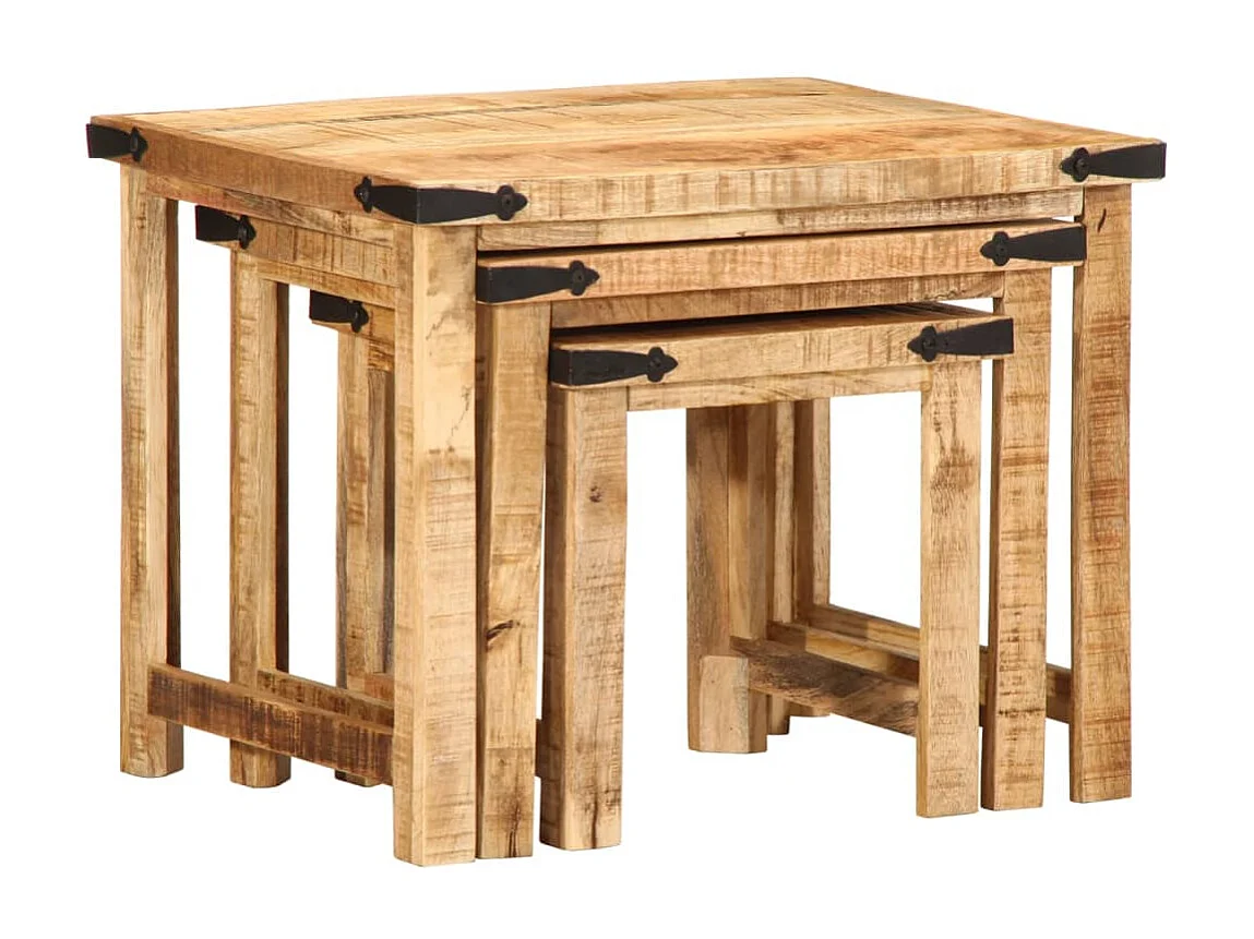 Mesas de apoio encastrar 3 pcs madeira mangueira áspera maciça